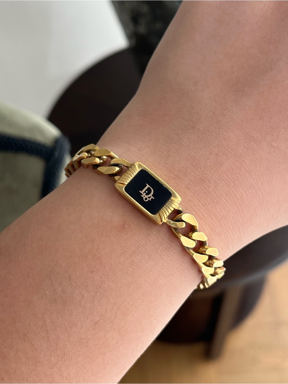 Authentic Vintage Dior Classic Logo Black Enamel Gold Cuban Chain Bracelet